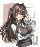  1girl ahoge arm_under_breasts as4gi azur_lane black_hair black_vest bow bowtie collared_shirt dated glasses graph_(object) hair_between_eyes hand_on_eyewear highres holding holding_paper london_(azur_lane) london_(the_sterling_secretary)_(azur_lane) long_hair long_sleeves office_lady official_alternate_costume one_side_up open_mouth paper red-framed_eyewear red_eyes semi-rimless_eyewear shirt signature sketch solo taut_clothes teeth under-rim_eyewear upper_body upper_teeth_only vest white_shirt 