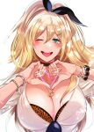  absurdres black_choker blonde_hair bracelet breasts choker cleavage goddess_of_victory:_nikke green_eyes hair_between_eyes heart heart_hands highres jewelry large_breasts long_hair long_sleeves looking_at_viewer mitotro necklace one_eye_closed open_mouth rupee_(nikke) shirt simple_background sleeves_rolled_up smile teeth tongue upper_teeth_only white_background yellow_nails 