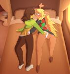  absurd_res anthro antlers bed bedding bedroom bingbingo_(artist) blanket blonde_hair blue_eyes blush bottomwear brown_body brown_bottomwear brown_clothing brown_fur brown_hair brown_pants buckteeth checkered_clothing clenching_sheets clock clothed clothing curtains deer deltarune doe_with_antlers duo feet female fingering footwear freckles fur furniture genitals green_clothing green_sweater green_topwear hair hair_over_eyes hand_in_panties hand_in_underwear hand_on_stomach hi_res holding_penis hooves horn human kris_(deltarune) long_hair lying male male/female mammal masturbation mutual_masturbation noelle_holiday notebook on_back on_bed open_mouth panties pants pattern_clothing pencil_(object) pencil_holder penis red_nose signature skirt socks sweater table teeth topwear undertale_(series) underwear white_clothing white_footwear white_socks window yellow_body 