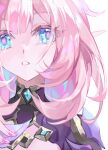  1girl absurdres blue_eyes commentary_request elysia_(honkai_impact) eyebrows_hidden_by_hair hair_between_eyes highres honkai_(series) honkai_impact_3rd kuangwang_heiye looking_at_viewer nail_polish parted_lips pink_hair pink_nails simple_background solo upper_body white_background 