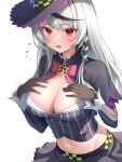  1girl absurdres black_gloves black_hair black_skirt blush border bow braid breasts center_opening cleavage commentary_request cosplay cropped_shirt gloves grey_hair hands_on_own_chest hat highres hololive kuchitani large_breasts long_hair long_sleeves midriff multicolored_hair murasaki_shion murasaki_shion_(1st_costume) murasaki_shion_(cosplay) navel open_mouth pink_bow pinstripe_pattern pinstripe_shirt red_eyes sakamata_chloe shirt side_braid simple_background single_braid skirt solo stomach streaked_hair striped sweatdrop virtual_youtuber white_background white_border witch_hat 