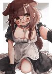  1girl absurdres alternate_costume animal_ears apron arm_support bespectacled black_gloves black_skirt blunt_bangs blush bone_hair_ornament breasts brown_eyes brown_hair choker cleavage dog_ears dog_girl dog_tail double-parted_bangs enmaided extra_ears frilled_choker frills glasses gloves hair_ornament hair_over_shoulder hairclip highres hololive inugami_korone kneeling large_breasts long_hair long_skirt looking_at_viewer maid official_alternate_hairstyle open_mouth paw_pendant puffy_short_sleeves puffy_sleeves round_eyewear short_sleeves skirt skirt_set solo tail virtual_youtuber waist_apron whcamellia00 white_apron 