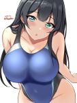  1girl agano_(kancolle) black_hair black_one-piece_swimsuit blue_one-piece_swimsuit blush breasts competition_swimsuit covered_navel dated green_eyes highleg highleg_swimsuit highres impossible_clothes impossible_swimsuit kantai_collection large_breasts long_hair looking_at_viewer montemasa multicolored_clothes multicolored_swimsuit one-hour_drawing_challenge one-piece_swimsuit open_mouth solo swimsuit twitter_username two-tone_swimsuit 