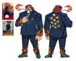  1boy \m/ absurdres beard blue_jacket blue_pants blue_shirt bowser bowser_(cosplay) breathing_fire brown_hair clenched_hand cosplay english_commentary facial_hair fire formal full_body glasses green_footwear highres jack_black jacket looking_to_the_side male_focus mario_(series) medium_hair multicolored_shirt multiple_views mustache pants photo-referenced photo_inset piranha_plant puma_(brand) real_life red_eyes reference_inset shirt shoes sneakers spikes suit the_super_mario_bros._movie white_background xamurai 