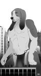  2021 absurd_res anthro artist_name basset_hound black_and_white black_nose bottomwear building canid canine canis city city_background clothed clothing digital_drawing_(artwork) digital_media_(artwork) domestic_dog eduk_(taylornoir) extreme_size_difference eyebrows floppy_ears foxhound fur hi_res human hunting_dog hybrid larger_anthro larger_male loincloth looking_down looking_up macro male mammal micro monochrome nipples portrait rooftop scent_hound shaded signature size_difference smaller_human solo taylornoir three-quarter_portrait topless topless_male white_body white_fur 