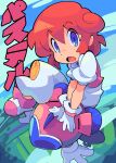  1girl absurdres bacun blue_eyes blue_sky cloud cloudy_sky commentary curly_hair english_commentary flying gloves highres looking_at_viewer open_mouth outdoors pants pastel_(twinbee) pink_hair puffy_short_sleeves puffy_sleeves robot short_hair short_sleeves sky smiley_face translation_request twinbee white_gloves white_pants winbee 
