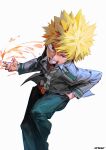  1boy absurdres artist_name atmosgear bakugou_katsuki belt belt_buckle blazer blonde_hair blurry boku_no_hero_academia buckle chromatic_aberration collared_shirt commentary cowboy_shot depth_of_field double_horizontal_stripe dress_shirt dutch_angle energy film_grain floating_clothes furrowed_brow green_pants grey_jacket hair_between_eyes hand_in_pocket hand_up highres jacket lapels leaning_forward long_sleeves looking_at_viewer male_focus necktie notched_lapels open_clothes open_collar open_jacket pants red_belt red_eyes red_necktie sanpaku school_uniform shirt short_hair sidelighting simple_background smile solo spiked_hair swirl teeth u.a._school_uniform uneven_eyes v-shaped_eyebrows white_background white_shirt wing_collar 