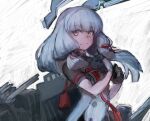  1girl black_gloves closed_mouth dress gloves grey_hair hair_ribbon headgear highres kantai_collection long_hair machinery moor murakumo_(kancolle) murakumo_kai_ni_(kancolle) necktie orange_eyes red_necktie red_ribbon ribbon rigging sketch solo tress_ribbon turret upper_body white_dress white_gloves 