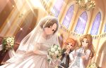  3girls black_suit blush bouquet bridal_veil bride chandelier crossdressing dress dutch_angle flower formal hair_bun holding holding_bouquet idolmaster idolmaster_cinderella_girls idolmaster_cinderella_girls_starlight_stage komatsu_ibuki light_rays looking_at_another looking_at_viewer matsumoto_sarina mizuki_seira multiple_girls official_art own_hands_together palms_together ponytail reaching rose single_hair_bun smile stained_glass suit tiara veil wedding_dress white_dress white_flower white_rose white_suit 