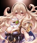  1girl armor ascot black_hairband blush breasts cape cleavage corrin_(female)_(fire_emblem) corrin_(fire_emblem) fire_emblem fire_emblem_fates frills hair_between_eyes hair_ornament hairband highres karashino long_hair looking_at_viewer medium_breasts official_alternate_costume open_mouth pointy_ears red_eyes simple_background smile solo very_long_hair white_hair 