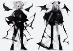  2girls absurdres aqua_hair aqua_pupils arrow_(projectile) black_dress black_eyes black_footwear black_jacket black_pants black_pantyhose black_socks black_wings bow_(weapon) breasts closed_mouth colored_skin commentary_request demon_girl demon_horns demon_wings detached_wings dress grey_background grey_hair grey_skin halo highres holding holding_arrow holding_bow_(weapon) holding_scythe holding_weapon horns jacket kneehighs long_hair long_sleeves medium_breasts miyama_(tokiwairo8) multicolored_hair multiple_girls open_clothes open_jacket open_mouth original pants pantyhose pink_hair pink_pupils pointy_ears ponytail puffy_long_sleeves puffy_sleeves scythe shadow shoes simple_background single_kneehigh single_leg_pantyhose single_sock socks streaked_hair torn_clothes torn_jacket torn_pants weapon wings 