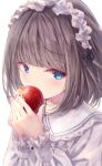  apple blue_eyes blunt_bangs blurry blurry_foreground blush brown_hair close-up collared_shirt commentary_request covering_mouth food frilled_sleeves frills fruit hairband highres holding holding_food holding_fruit lolita_hairband long_sleeves looking_at_viewer missile228 original shirt short_hair simple_background solo upper_body white_background white_shirt 