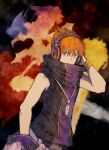  1boy bare_shoulders black_shirt closed_mouth commentary_request hand_in_pocket hand_on_headphones hand_up headphones high_collar jewelry maekakekamen male_focus necklace orange_hair purple_eyes sakuraba_neku shirt short_hair sleeveless sleeveless_shirt solo spiked_hair subarashiki_kono_sekai wristband 