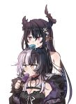  2girls bare_shoulders black_choker black_coat black_dress black_hair black_nails blue_hair blush breasts brmameng choker coat colored_inner_hair demon_horns dress eating expressionless food food_in_mouth fur-trimmed_coat fur_trim hair_ornament head_on_head head_rest highres hololive hololive_english horns large_breasts long_hair looking_at_viewer melting mole mole_under_eye multicolored_hair multiple_girls nail_polish nerissa_ravencroft popsicle popsicle_in_mouth red_eyes shiori_novella sweat two-tone_hair virtual_youtuber 