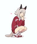  1girl animal_ears blush brown_eyes closed_mouth curren_chan_(umamusume) fake_animal_ears full_body grey_hair hairband heart highres horse_ears horse_girl horse_tail jacket long_sleeves michia_(bourgognepony) own_hands_together red_jacket red_shorts shoes short_hair short_shorts shorts smile sneakers socks solo squatting tail tracen_training_uniform track_jacket umamusume white_background white_socks 