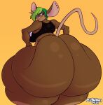  anthro big_butt bottomless brown_body buckteeth butt clothed clothing dedoarts ear_piercing female green_hair hair huge_butt hyper hyper_butt looking_at_viewer looking_back looking_back_at_viewer mammal mouse murid murine piercing rodent solo teeth thick_thighs 