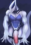  2023 absurd_res anthro balls big_balls big_penis biped blue_body bodily_fluids digital_media_(artwork) erection generation_2_pokemon genital_fluids genitals hi_res huge_penis humanoid_genitalia humanoid_penis kakhao leash leash_and_collar legendary_pokemon lugia male multicolored_body muscular muscular_anthro muscular_male nintendo penis pokemon pokemon_(species) precum red_eyes smile solo sweat two_tone_body white_body 