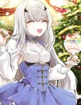  1girl ascot blue_dress breasts christmas_tree dress fairy_knight_lancelot_(fate) fairy_knight_lancelot_(second_ascension)_(fate) fate/grand_order fate_(series) food forked_eyebrows highres ice_cream jewelry kino_kokko long_hair long_sleeves neck_ring open_mouth sidelocks small_breasts smile solo spoon white_hair 