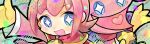  1boy blue_eyes cape confetti diamond-shaped_pupils diamond_(shape) doradorakingyo dual_persona heart heart_in_mouth looking_at_viewer male_focus mittens ocean_prince open_mouth outstretched_arm pink_hair puyo_(puyopuyo) puyopuyo puyopuyo_fever red_cape salde_canarl_shellbrick_iii short_hair symbol-shaped_pupils twitter_username yellow_mittens 