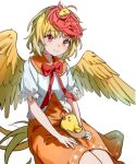  1girl animal animal_on_head bird bird_on_head bird_wings blonde_hair blush breasts closed_mouth dress feathered_wings highres maisuiren multicolored_hair niwatari_kutaka on_head orange_dress red_eyes red_hair shirt short_hair short_sleeves simple_background small_breasts smile solo touhou two-tone_hair white_background white_shirt wings yellow_wings 