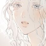  1girl brown_background colored_eyelashes crying crying_with_eyes_open gradient_background grey_eyes grey_hair highres looking_at_viewer medium_hair original parted_lips pipopubebu portrait simple_background solo sparkle tears translucent_hair white_background 