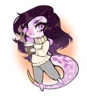  2023 5_fingers anthro barefoot biped bottomwear chibi clothed clothing container cup digital_media_(artwork) eyebrows eyelashes feet female fingers fully_clothed hair hi_res holding_container holding_cup holding_object iivochka long_hair long_sleeves pants purple_body purple_eyes purple_scales reptile scales scalie shaded simple_background snake solo sweater tan_clothing tan_sweater tan_topwear topwear unsigned xiaoli_(obessivedoodle) 