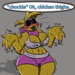  absurd_res anthro avian beakless big_breasts bird black_sclera bodily_fluids bottomwear breasts cheek_tuft chicken cleavage clothed clothing dialogue eyelashes facial_tuft feathers female five_nights_at_freddy&#039;s five_nights_at_freddy&#039;s_2 galliform gallus_(genus) grey_background head_feathers head_tuft helbclowb hi_res huge_breasts navel navel_piercing open_mouth phasianid piercing pink_bottomwear pink_clothing pink_scarf pink_shorts rosy_cheeks scared scarf scottgames shaking shorts simple_background snaggle_tooth solo speech_bubble sweat sweatdrop text thick_thighs topwear toy_chica_(fnaf) trembling tuft white_clothing white_eyes white_topwear wide_eyed wide_hips yellow_body yellow_feathers 