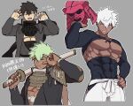  1boy alternate_hair_color alternate_skin_color armor bara black_hair black_scarf character_name claw_pose closed_mouth commentary_request cyp1a2 dark-skinned_male dark_skin doudanuki_masakuni green_hair grey_background hand_on_own_hip hand_up hands_up helmet highres holding holding_helmet holding_sword holding_weapon japanese_armor japanese_clothes kabuto_(helmet) kote male_focus midriff_sarashi multiple_persona muscular muscular_male nagatekkou obliques one_eye_closed open_mouth outline over_shoulder pink_eyes sarashi scar scar_on_chest scar_on_face scar_on_stomach scarf short_hair shoulder_armor side_slit simple_background smile sode sword sword_over_shoulder tassel touken_ranbu translation_request uchigatana upper_body v weapon weapon_over_shoulder white_hair white_outline yellow_eyes 