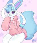  absurd_res ambiguous_gender andromorph_(lore) anthro blue_hair blue_tongue bottomless clothed clothing eeveelution fluffy fluffy_tail fur generation_6_pokemon girly hair hi_res hoodie long_ears milk_the_sylveon_(toxicmilkyx) nintendo oversized_sleeves pokemon pokemon_(species) purple_eyes sitting solo sylveon tail tongue topwear toxicmilkyx white_body white_fur 
