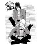  1boy 1other book book_stack boots chair closed_eyes commentary emblem goggles goggles_on_head greyscale hange_zoe hanpetos indian_style jacket knee_boots moblit_berner monochrome open_mouth ponytail shingeki_no_kyojin sitting smile survey_corps_(emblem) sweatdrop translation_request 