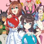  5girls :d absurdres agnes_digital_(umamusume) ahoge animal_ears black_hair black_shirt blue_eyes blue_jacket bow brown_hair controller crop_top daring_tact_(umamusume) dark-skinned_female dark_skin dress expressionless game_controller green_eyes green_jacket hair_bow hair_ornament hairclip happi highres holding holding_controller holding_game_controller holding_pom_poms horse_ears horse_girl jacket japanese_clothes long_hair long_sleeves looking_at_viewer maruzensky_(umamusume) midriff multiple_girls navel pants pink_background pink_hair pom_pom_(cheerleading) purple_eyes red_bow sada_jun shirt short_hair simple_background sleeveless sleeveless_dress smile special_week_(umamusume) symboli_kris_s_(umamusume) two_side_up umamusume wavy_hair white_hair white_pants yellow_shirt 