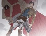  1boy bertolt_hoover black_hair boots brown_hair colossal_titan cute_potato_(cute_potato_ner) dutch_angle emblem feet_out_of_frame from_behind highres jacket looking_ahead male_focus pants paradis_military_uniform serious shingeki_no_kyojin shirt short_hair spoilers standing three-dimensional_maneuver_gear titan_(shingeki_no_kyojin) 