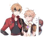  3boys aether_(genshin_impact) ahoge arm_armor armor black_eyes blonde_hair braid brown_eyes brown_shirt closed_eyes closed_mouth collared_jacket collared_shirt crystal crystal_earrings earrings genshin_impact grey_jacket grey_shirt hair_between_eyes highres jacket jewelry light_brown_hair long_hair long_sleeves looking_at_another love_triangle male_focus mask mask_on_head multiple_boys necklace open_clothes open_jacket orange_hair orange_ribbon red_jacket red_mask red_shirt ribbon scarf shaded_face shadow shirt short_hair short_sleeves shoulder_armor simple_background single_earring smile soji_777 standing star_(symbol) t-shirt tartaglia_(genshin_impact) tassel teeth thoma_(genshin_impact) white_background white_scarf 