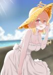  1girl absurdres ahoge alternate_costume blonde_hair blue_sky blush breasts cleavage cloud collarbone commentary_request cowboy_shot day dress fingernails hair_between_eyes hair_intakes halo hat highres hinata_mashu horizon large_breasts leaning_forward looking_at_viewer medium_bangs medium_hair nanashi_inc. noku_(kuno_noko_v) open_mouth outdoors pink_nails red_eyes sky smile solo straw_hat sun_hat sundress sunlight virtual_youtuber white_dress yellow_headwear 