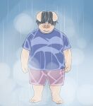  2023 anthro bottomwear clothing domestic_pig hair hair_over_eyes hi_res humanoid_hands inunoshippo kemono male mammal overweight overweight_male raining shirt shorts solo suid suina sus_(pig) topwear 