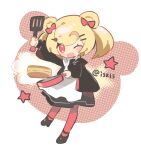  1girl ;d apron arknights bear_head black_dress black_footwear black_jacket blonde_hair blush blush_stickers bow chibi commentary dress food frying_pan full_body gummy_(arknights) hair_bow highres holding holding_frying_pan holding_spatula jacket lollipop_hair_ornament looking_at_viewer miisuke_(iskl3) one-hour_drawing_challenge one_eye_closed open_clothes open_jacket open_mouth pancake pantyhose red_bow red_eyes red_pantyhose short_twintails simple_background smile solo spatula star_(symbol) twintails twitter_username white_apron white_background 