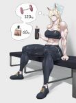  1girl abs absurdres animal_ear_fluff animal_ears barbell bare_shoulders blonde_hair blue_archive blue_eyes bottle breasts commission hair_over_one_eye highres kanna_(blue_archive) large_breasts muscular muscular_female pixiv_commission qtime4_702 shoes sitting sneakers tank_top thick_thighs thighs thought_bubble water_bottle weights 