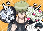  2boys ahoge amami_rantaro antenna_hair black_hair black_jacket breast_pocket buttons danganronpa_(series) danganronpa_v3:_killing_harmony double-breasted earrings emphasis_lines frown green_eyes green_hair hair_between_eyes hands_up heart highres holding jacket jewelry long_sleeves male_focus multiple_boys necklace orange_background pocket ring saihara_shuichi shirt short_hair solo_focus striped striped_shirt suiren_yurei thought_bubble translation_request 