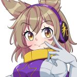  1girl arm_up bmkro closed_mouth earmuffs english_commentary gloves light_blush light_brown_hair looking_at_viewer lowres pointy_hair raised_eyebrow simple_background smile solo star_(symbol) touhou toyosatomimi_no_miko turtleneck upper_body white_background white_gloves yellow_eyes 