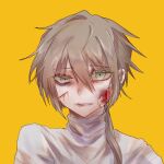  1boy bandaid bandaid_on_cheek bandaid_on_face blood blood_on_face bruise bruise_on_face bruised_eye emily_chang_18294 grey_hair hello_charlotte highres injury long_hair low_ponytail male_focus parted_lips shirt solo teeth turtleneck vincent_wordsworth white_eyes white_shirt yellow_background 