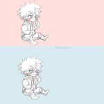  1boy 2boys blue_background blue_eyes crying crying_with_eyes_open highres hood hoodie hunter_x_hunter killua_zoldyck male_child male_focus multiple_boys noyaspjs pocket red_background short_hair simple_background sitting tears toddler white_hair 