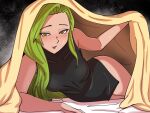  1girl annand_(fire_emblem) bare_arms bare_shoulders bed_sheet black_dress blanket blush covered_collarbone dress english_commentary fire_emblem fire_emblem:_genealogy_of_the_holy_war green_eyes green_pupils light_green_hair long_hair looking_at_viewer mnejing30 open_mouth short_dress side_slit single_hair_intake sleeveless sleeveless_dress smile solo sweat under_covers 