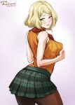  artist_name ashley_graham blonde_hair blush breasts dated grabbing_own_breast green_eyes green_skirt leggings looking_at_viewer looking_back medium_breasts mina_cream orange_sweater plaid plaid_skirt red_scarf resident_evil resident_evil_4 resident_evil_4_(remake) scarf short_hair signature skirt sleeveless sweater 