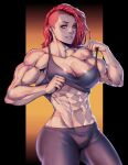  1girl abs absurdres az_ciam breasts commentary commission earrings english_commentary highres jewelry large_breasts muscular muscular_female orange_eyes original pants red_hair scar scar_on_face shaved_head solo tank_top thick_thighs thighs tight_clothes tight_pants underboob 