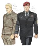  2boys black_jacket black_suit blonde_hair blue_eyes camouflage clenched_hands fatigues green_shirt hair_slicked_back jack_krauser jacket male_focus multiple_boys red_beret resident_evil shirt suit tatsumi_(psmhbpiuczn) 