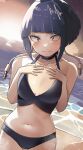  1girl audio_jack bare_shoulders black_eyes black_hair blunt_bangs blush boku_no_hero_academia breasts choker closed_eyes collarbone highres jirou_kyouka looking_at_viewer medium_breasts navel ocean purple_hair short_hair solo swimsuit water zd_(pixiv6210083) 