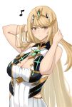  1girl arm_behind_head arm_up bare_arms bare_shoulders blonde_hair blush breasts cleavage closed_mouth commentary_request dress eighth_note headpiece highres large_breasts long_hair looking_at_viewer musical_note mythra_(xenoblade) simple_background sleeveless sleeveless_dress smile solo upper_body very_long_hair white_background white_dress xenoblade_chronicles_(series) xenoblade_chronicles_2 yamame_012 yellow_eyes 