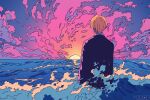  1boy absurdres blonde_hair formal from_behind highres ocean one_piece pink_clouds sanji_(one_piece) suit sun sunset wading 