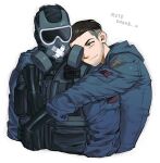  2boys black_gloves blue_jumpsuit bulletproof_vest character_name closed_mouth couple facial_hair gas_mask gloves hamzraider highres hug hug_from_behind jumpsuit looking_at_another male_focus mask multiple_boys mute_(rainbow_six_siege) rainbow_six_siege smile smoke_(rainbow_six_siege) upper_body yaoi 