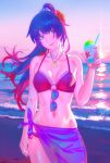  1girl ass_visible_through_thighs bakemonogatari beach bikini blue_eyes breasts cleavage cup flower food glasses hair_flower hair_ornament highres holding holding_cup ice_cream ice_cream_cup long_hair medium_breasts midriff monogatari_(series) navel ocean outdoors purple_hair rapa_rachi senjougahara_hitagi sky smile solo sunglasses swimsuit water 